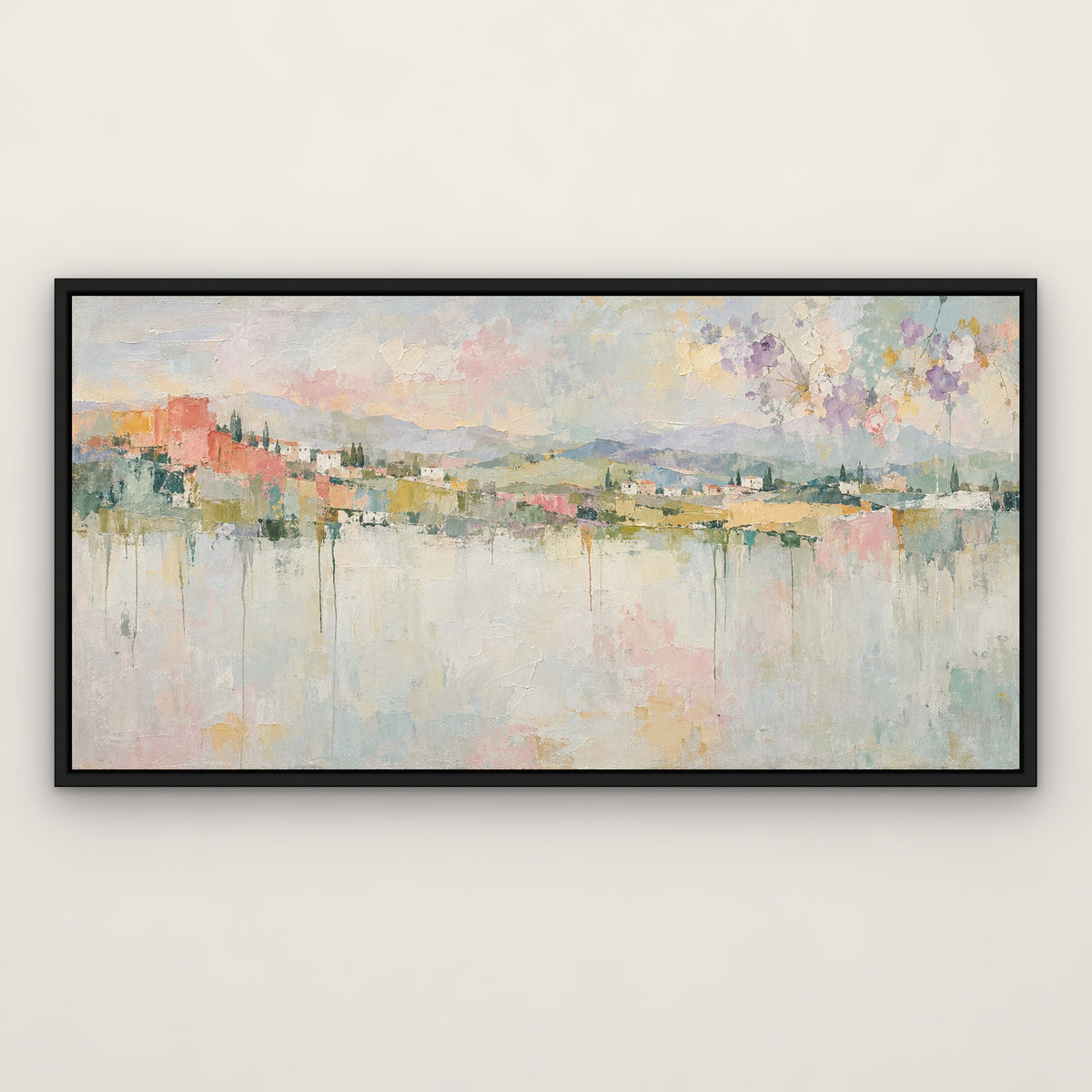 Pastel Drift Horizon, colourful abstract hand-painted canvas wall art in a slim black float frame – Gallery 23