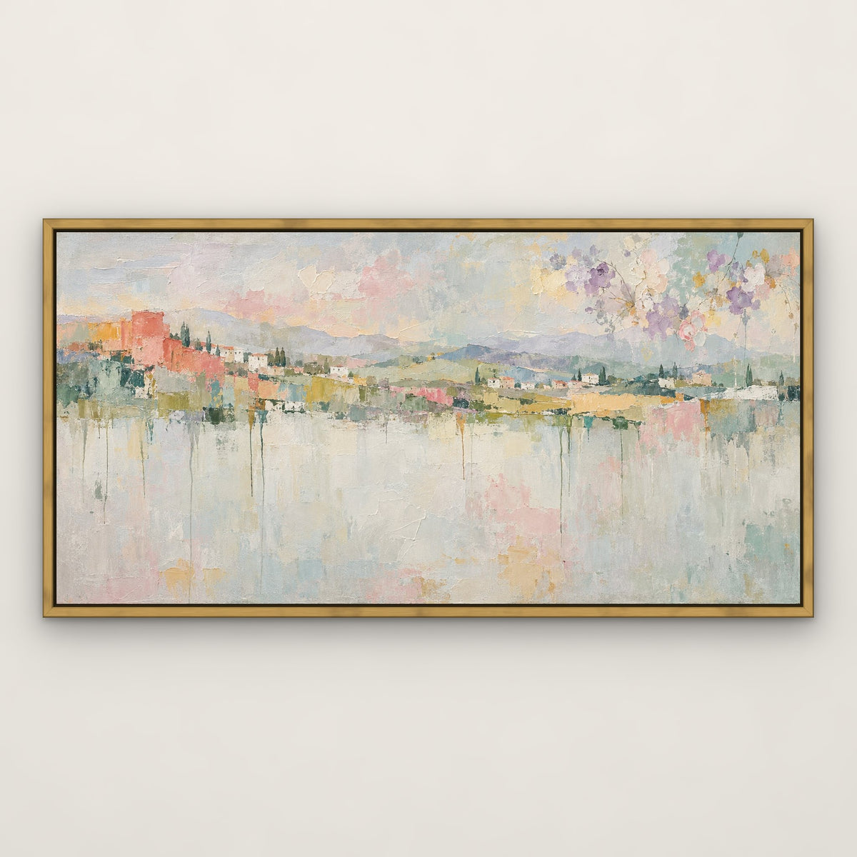 Pastel Drift Horizon, colourful abstract hand-painted canvas wall art in a slim antique gold float frame – Gallery 23