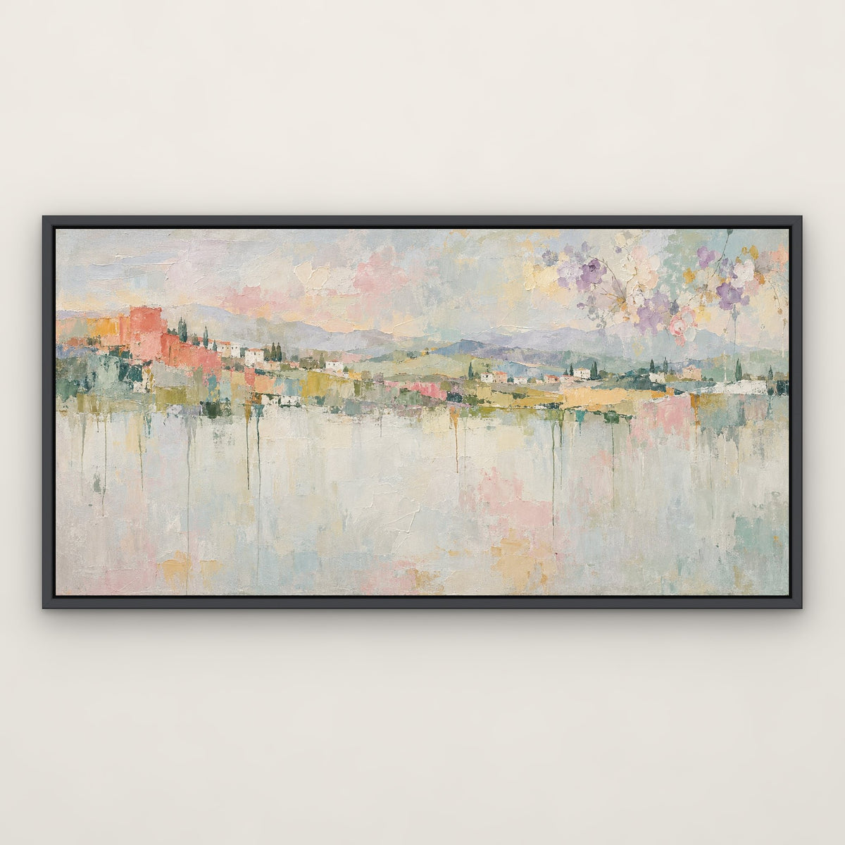 Pastel Drift Horizon, colourful abstract hand-painted canvas wall art in a slim dark grey float frame – Gallery 23