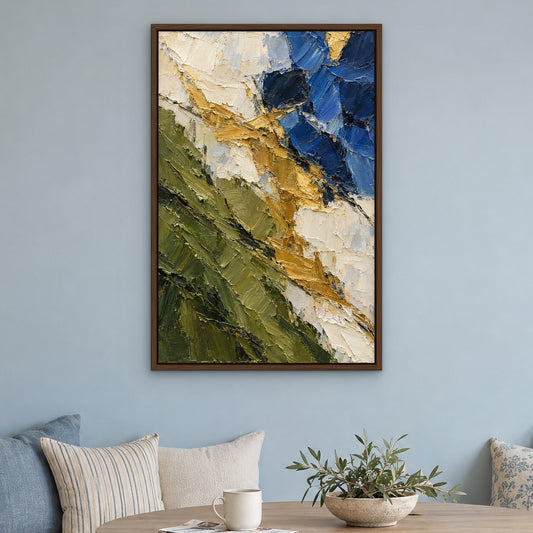 Olive and Lapis, blue abstract hand-painted canvas wall art in a kitchen nook – Gallery 23
