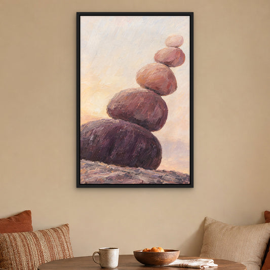 Rose Stone Balance, pink abstract hand-painted canvas wall art in a kitchen nook – Gallery 23