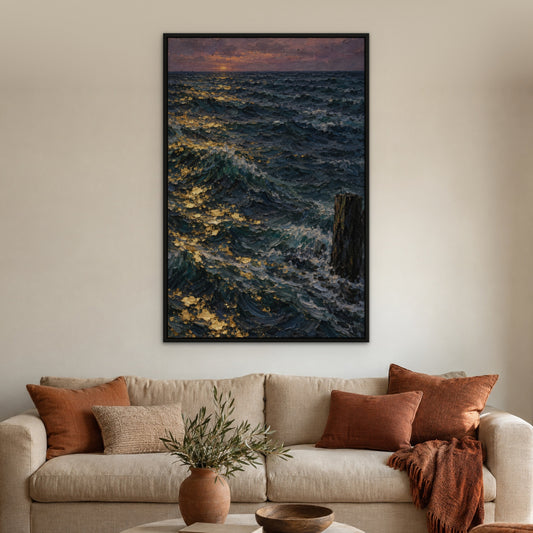 Gold-Flecked Sea, blue seascape hand-painted canvas wall art in a living room – Gallery 23