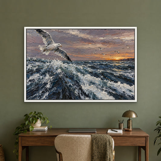Gulls over the Tide, blue abstract hand-painted canvas wall art in a home office – Gallery 23
