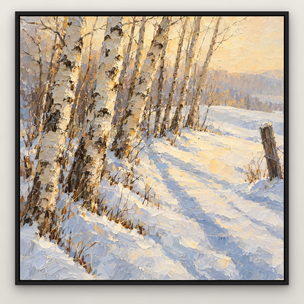 Winter Birch Forest, gold landscape hand-painted canvas wall art in a slim black float frame – Gallery 23