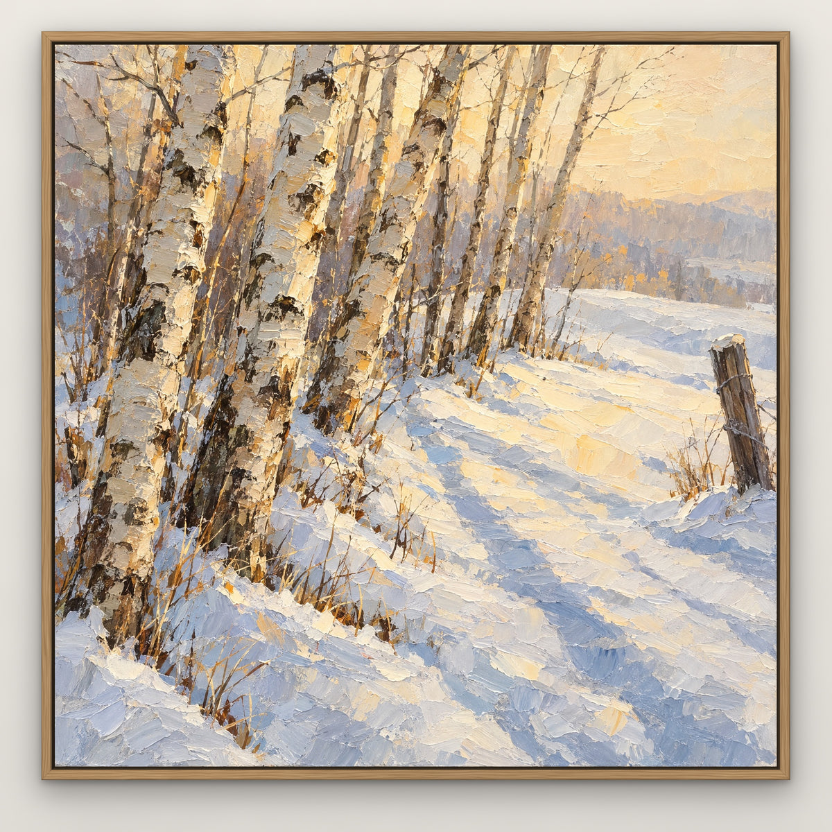 Winter Birch Forest, gold landscape hand-painted canvas wall art in a slim oak float frame – Gallery 23