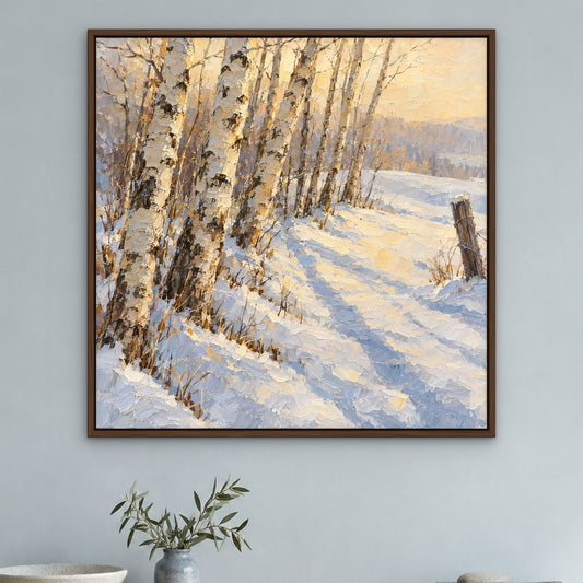 Winter Birch Forest, gold landscape hand-painted canvas wall art in a hallway – Gallery 23
