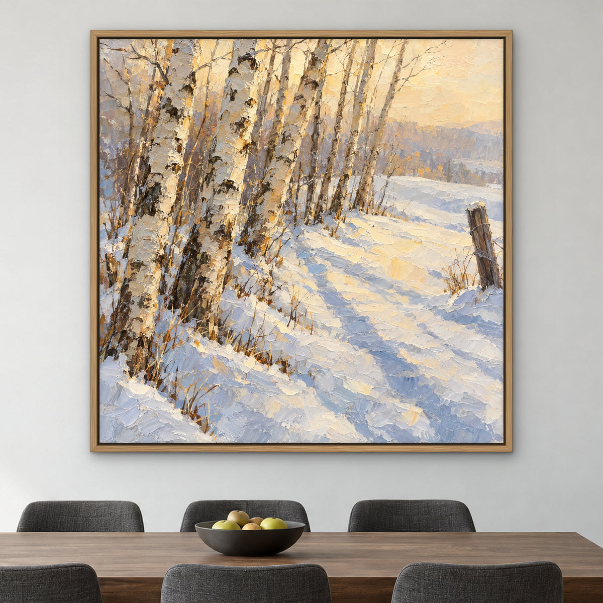 Winter Birch Forest, gold landscape hand-painted canvas wall art in a dining room – Gallery 23