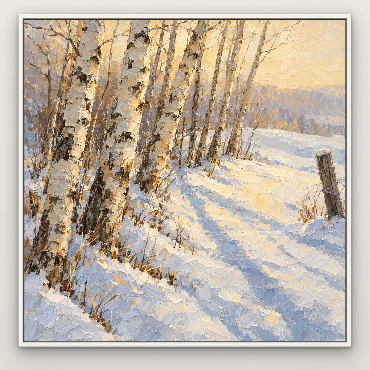 Winter Birch Forest, gold landscape hand-painted canvas wall art in a slim white float frame – Gallery 23
