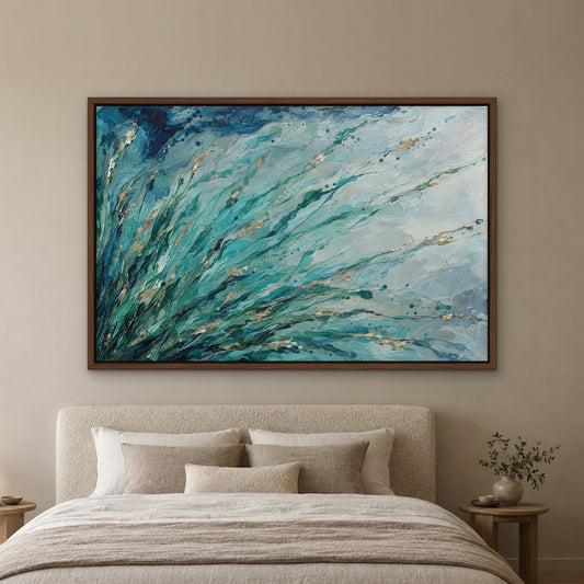 Aqua Reeds, teal abstract hand-painted canvas wall art in a bedroom – Gallery 23