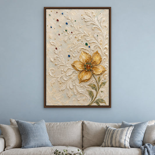 Golden Bloom Medallion, yellow floral hand-painted canvas wall art in a living room – Gallery 23