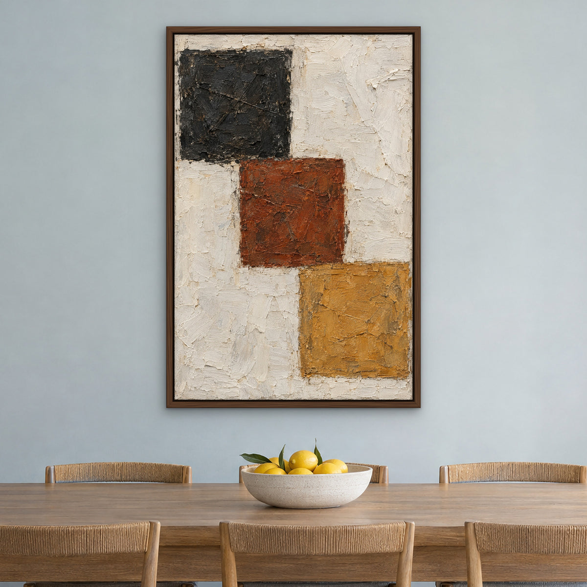 Earth Squares, brown abstract hand-painted canvas wall art in a dining room – Gallery 23