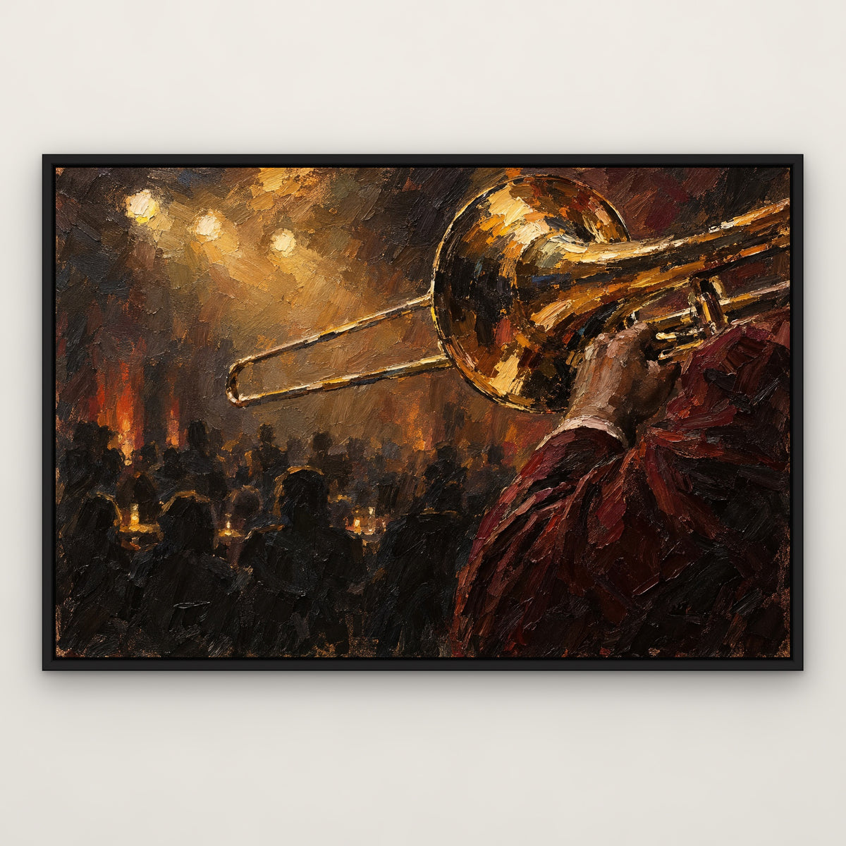 Trombone Solo, gold portrait hand-painted canvas wall art in a slim black float frame – Gallery 23