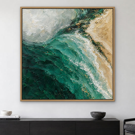 Emerald Shoreline, teal abstract hand-painted canvas wall art in a living room – Gallery 23