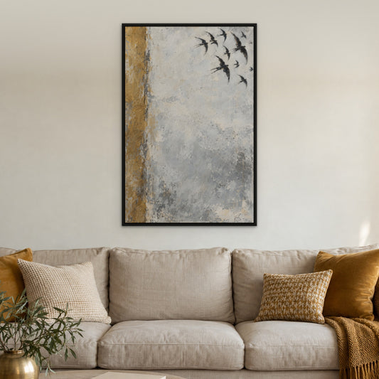 Ink Swallows, grey abstract hand-painted canvas wall art in a living room – Gallery 23