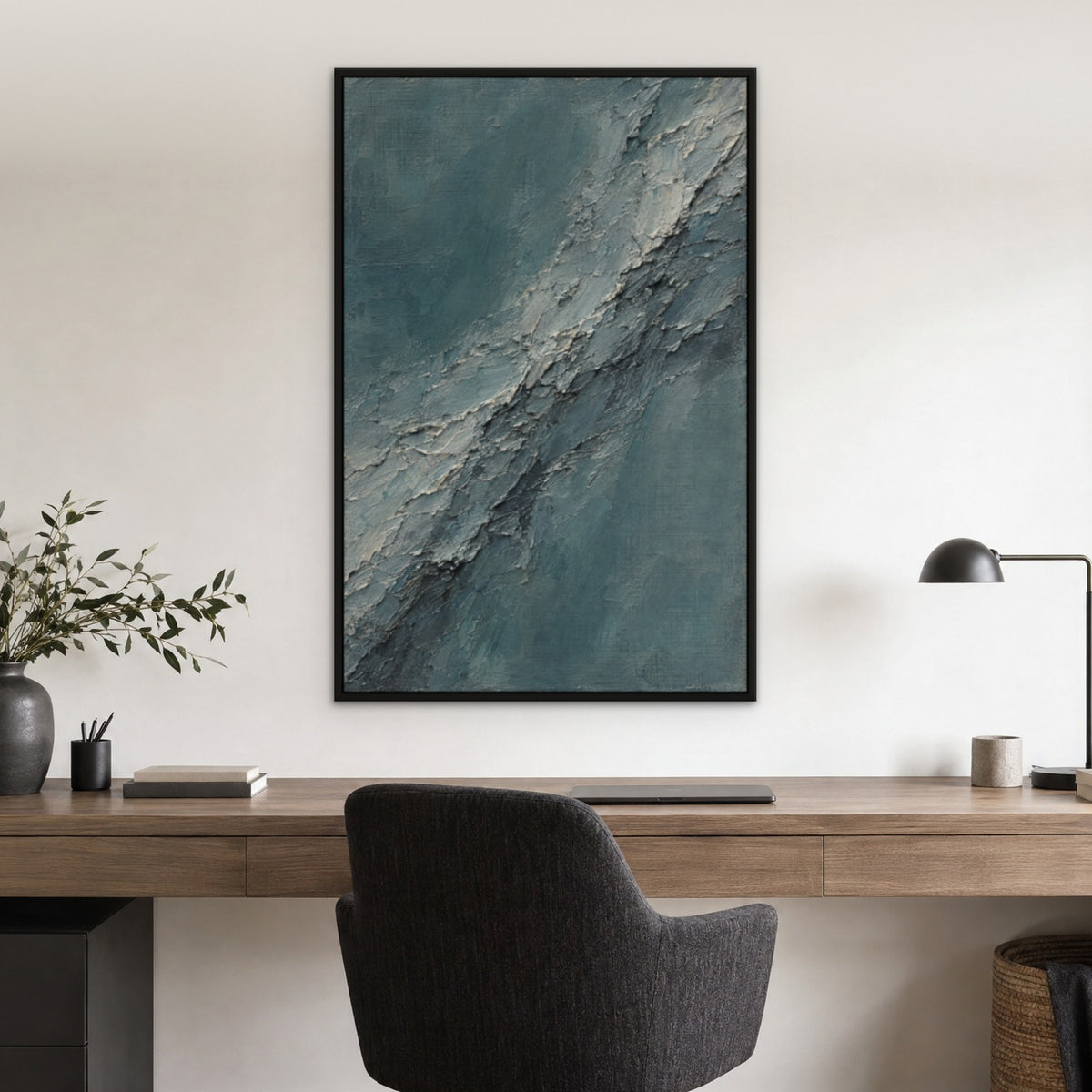 Slate Teal Plaster, blue abstract hand-painted canvas wall art in a home office – Gallery 23