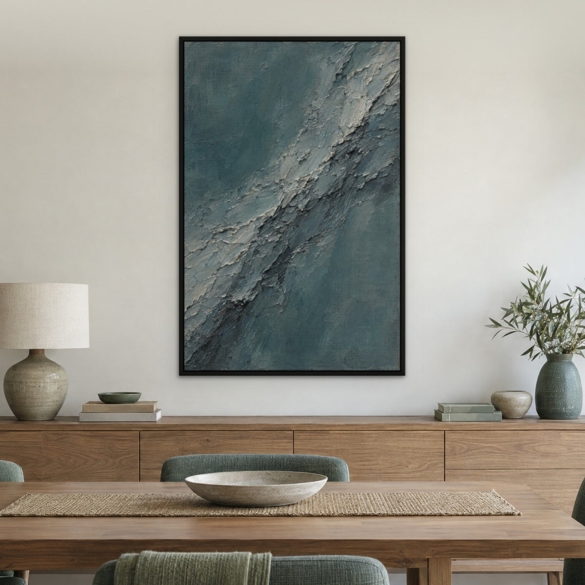Slate Teal Plaster, blue abstract hand-painted canvas wall art in a dining room – Gallery 23