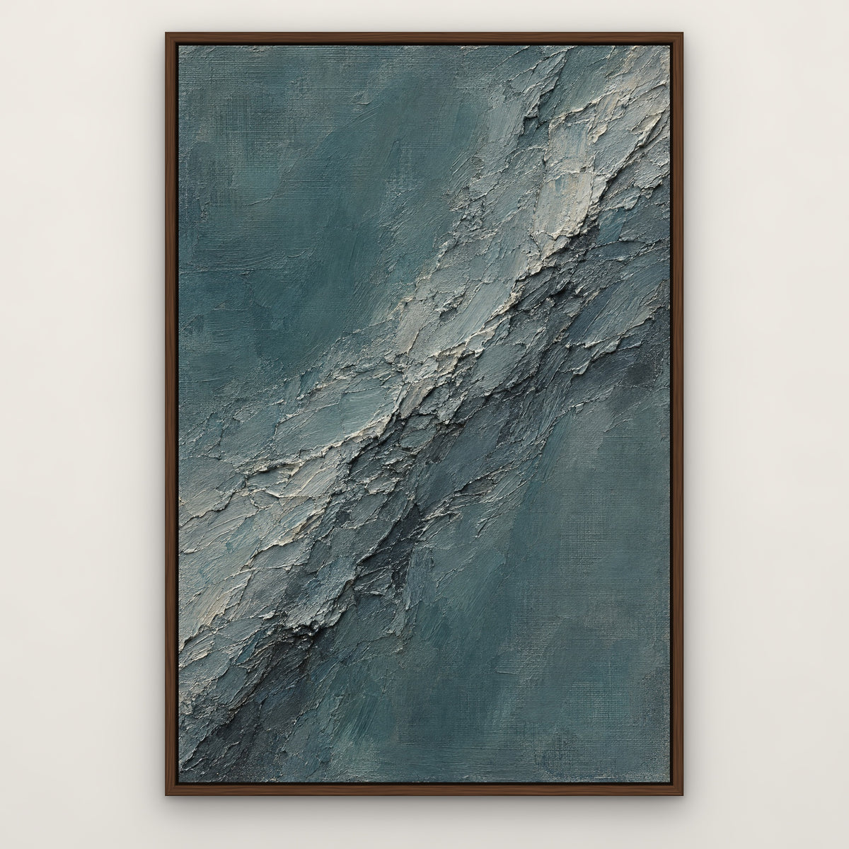 Slate Teal Plaster, blue abstract hand-painted canvas wall art in a slim walnut float frame – Gallery 23