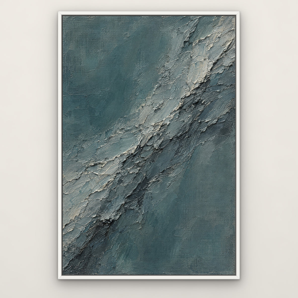 Slate Teal Plaster, blue abstract hand-painted canvas wall art in a slim white float frame – Gallery 23