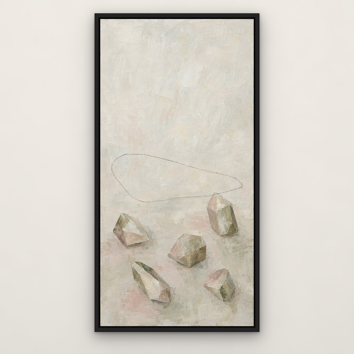 Crystal Shapes, brown abstract hand-painted canvas wall art in a slim black float frame – Gallery 23