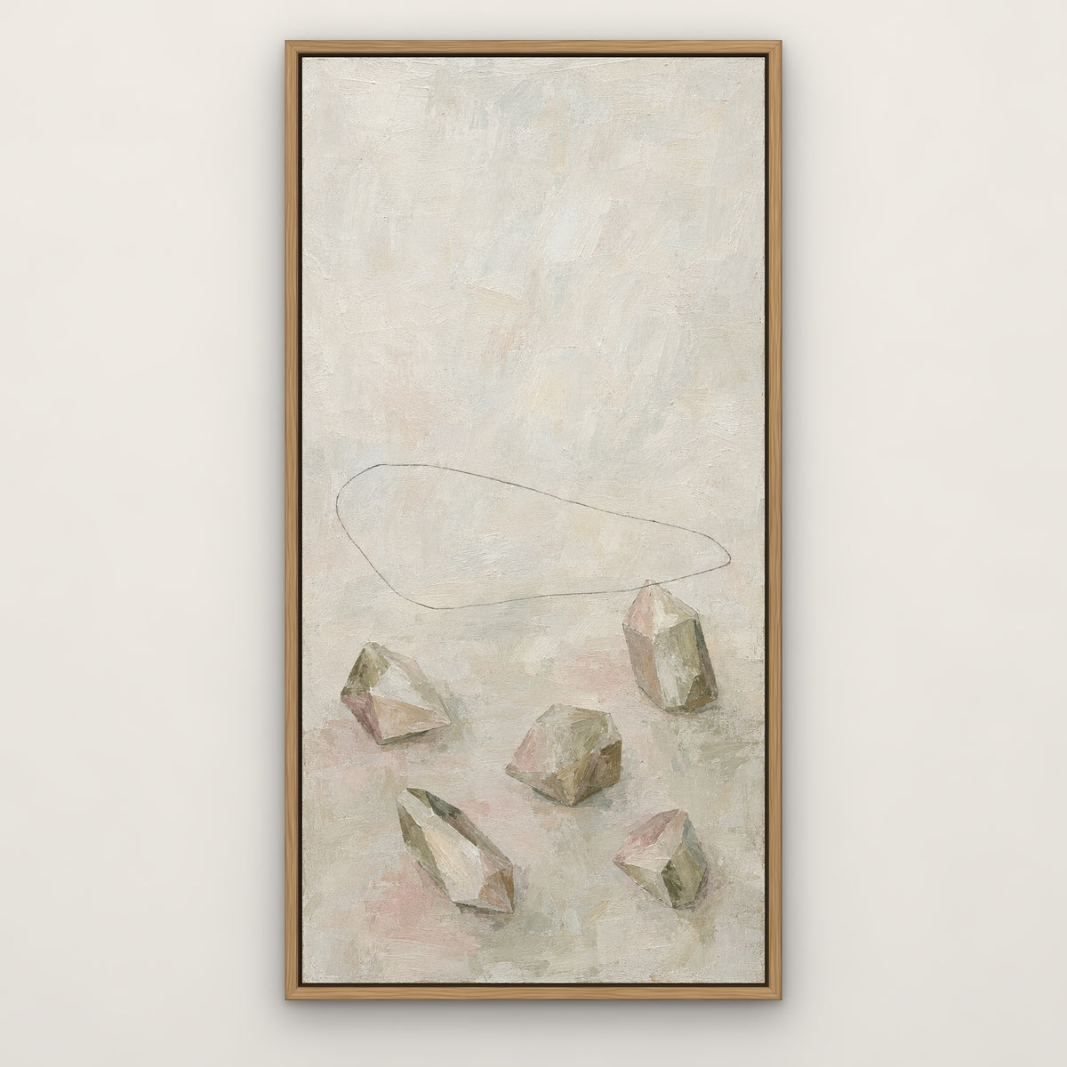 Crystal Shapes, brown abstract hand-painted canvas wall art in a slim oak float frame – Gallery 23