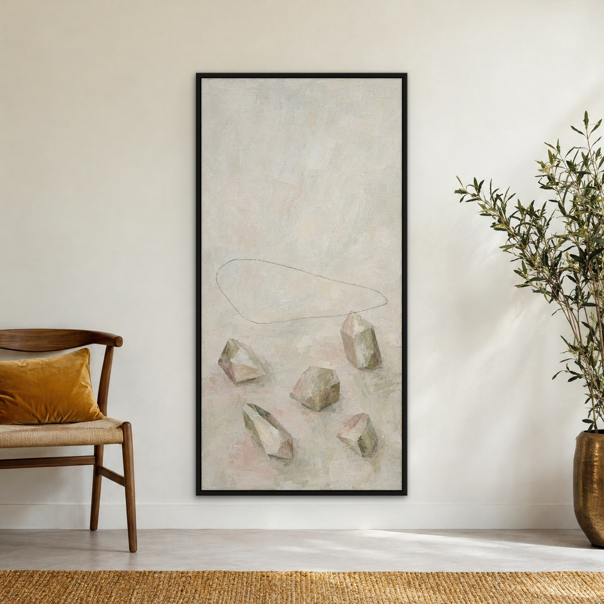 Crystal Shapes, brown abstract hand-painted canvas wall art in a hallway – Gallery 23