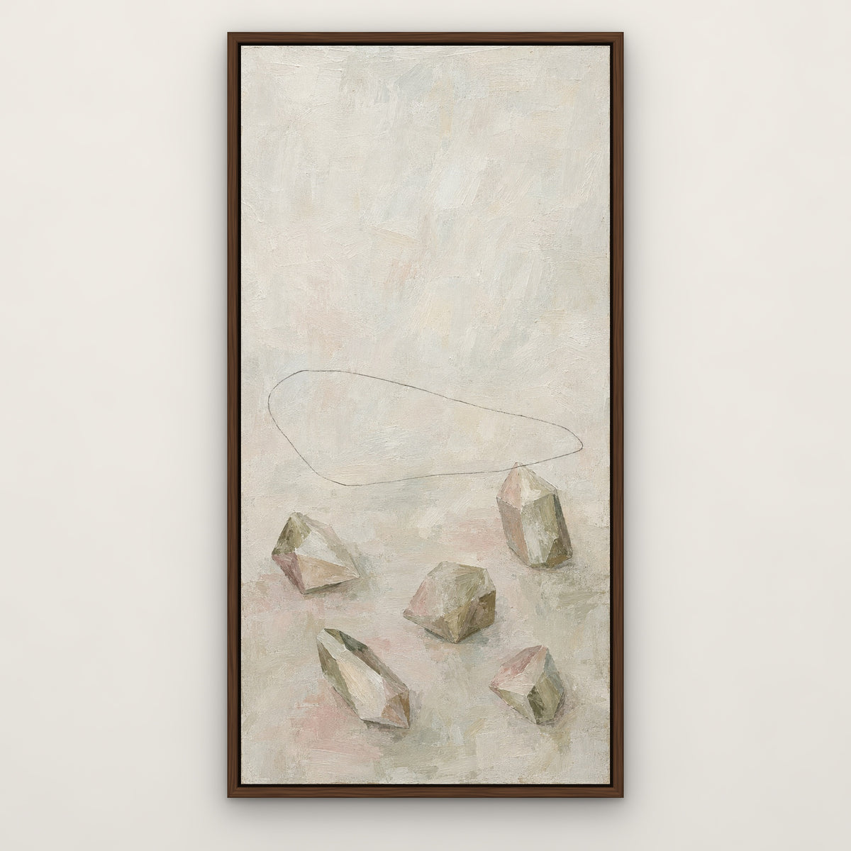 Crystal Shapes, brown abstract hand-painted canvas wall art in a slim walnut float frame – Gallery 23