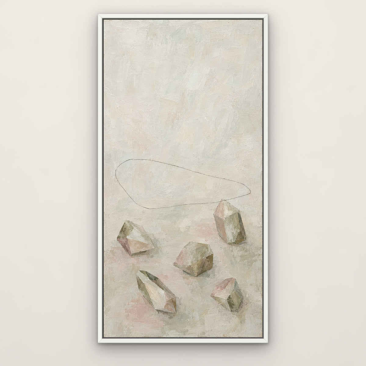 Crystal Shapes, brown abstract hand-painted canvas wall art in a slim white float frame – Gallery 23