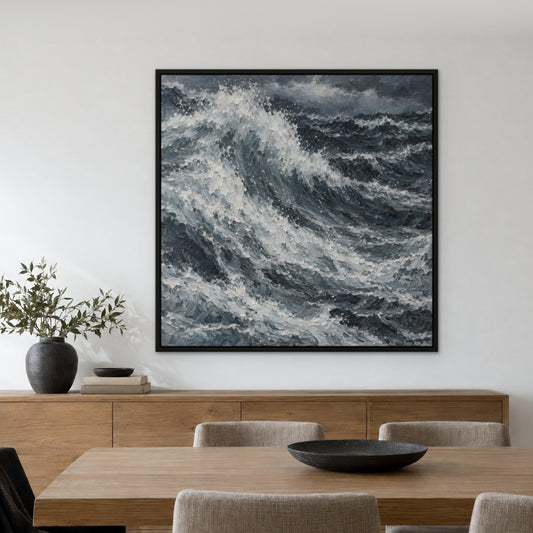Grey Tempest Sea, black and white abstract hand-painted canvas wall art in a dining room – Gallery 23