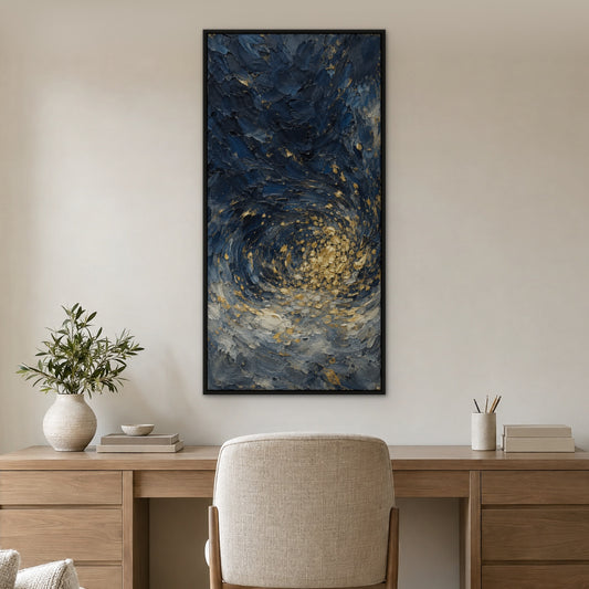 Gold Rain on Navy, blue abstract hand-painted canvas wall art in a home office – Gallery 23