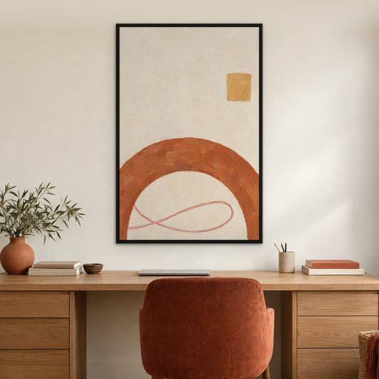 Clay Arc Study, orange abstract hand-painted canvas wall art in a home office – Gallery 23
