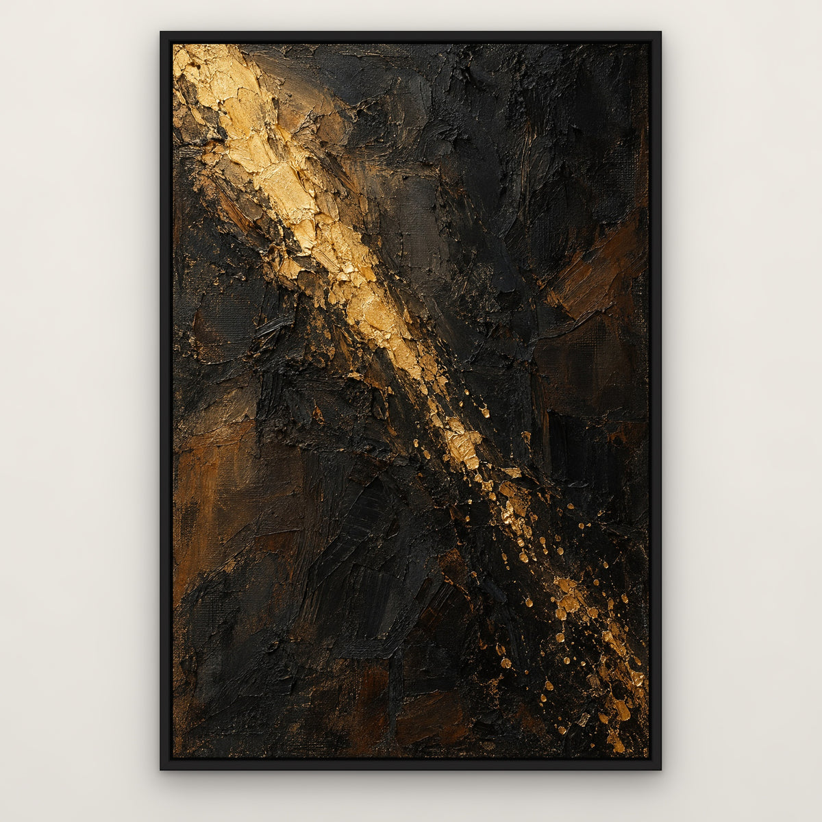 Midnight Gilt, gold abstract hand-painted canvas wall art in a slim black float frame – Gallery 23