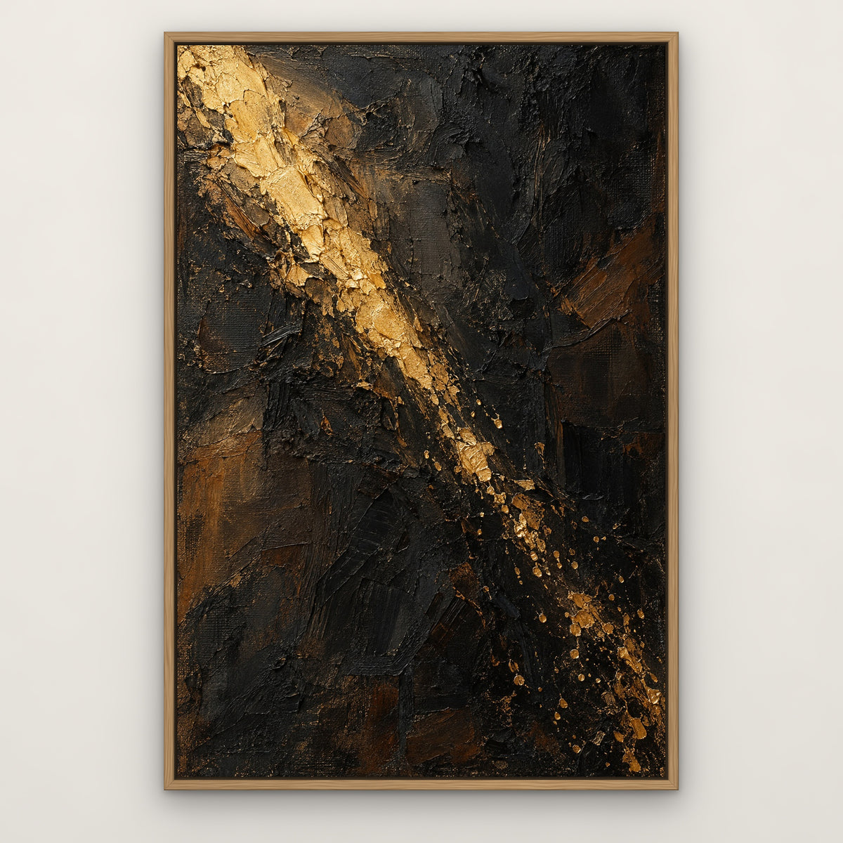 Midnight Gilt, gold abstract hand-painted canvas wall art in a slim oak float frame – Gallery 23