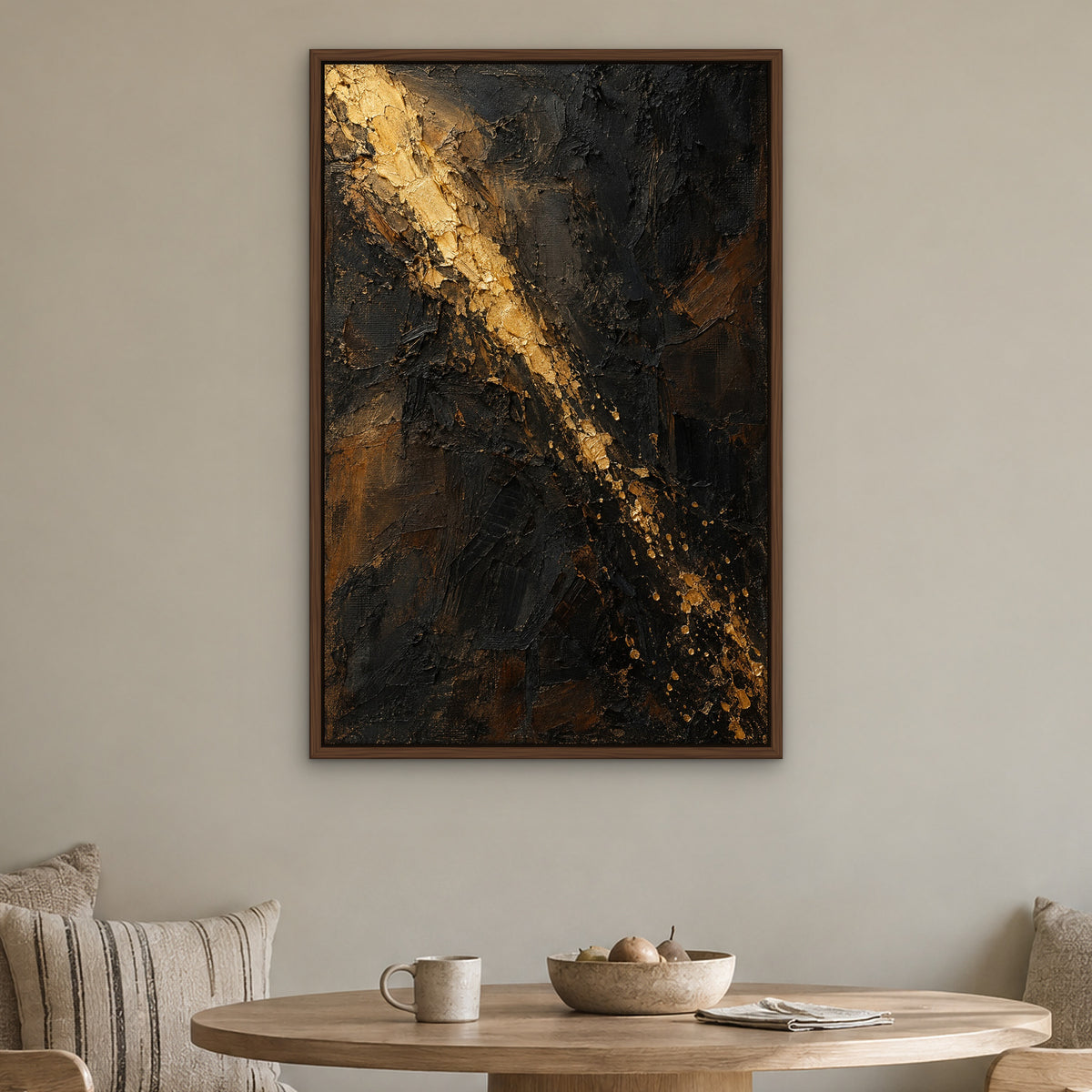 Midnight Gilt, gold abstract hand-painted canvas wall art in a kitchen nook – Gallery 23