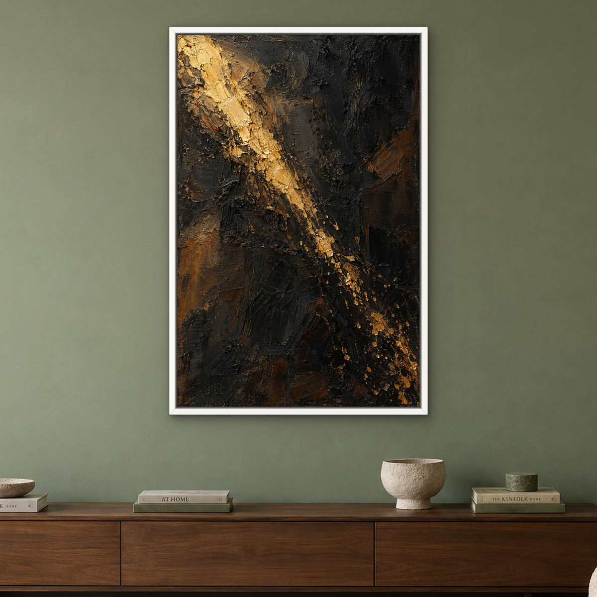 Midnight Gilt, gold abstract hand-painted canvas wall art in a living room – Gallery 23