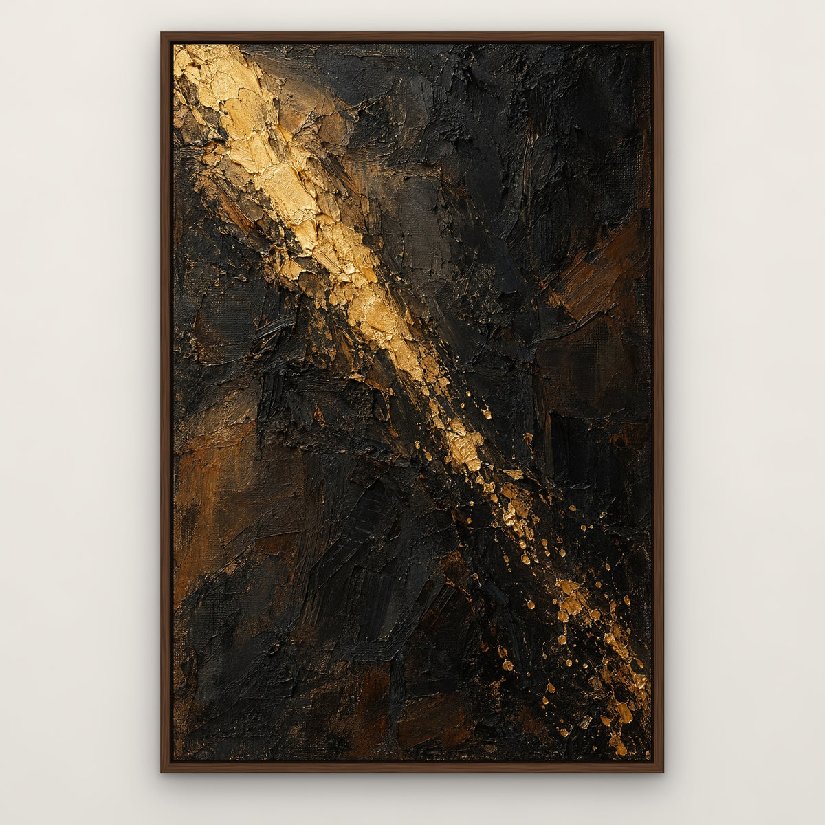 Midnight Gilt, gold abstract hand-painted canvas wall art in a slim walnut float frame – Gallery 23