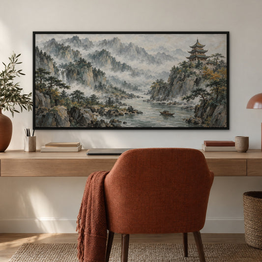 Misty Pagoda Peaks, grey mountain landscape hand-painted canvas wall art in a home office – Gallery 23