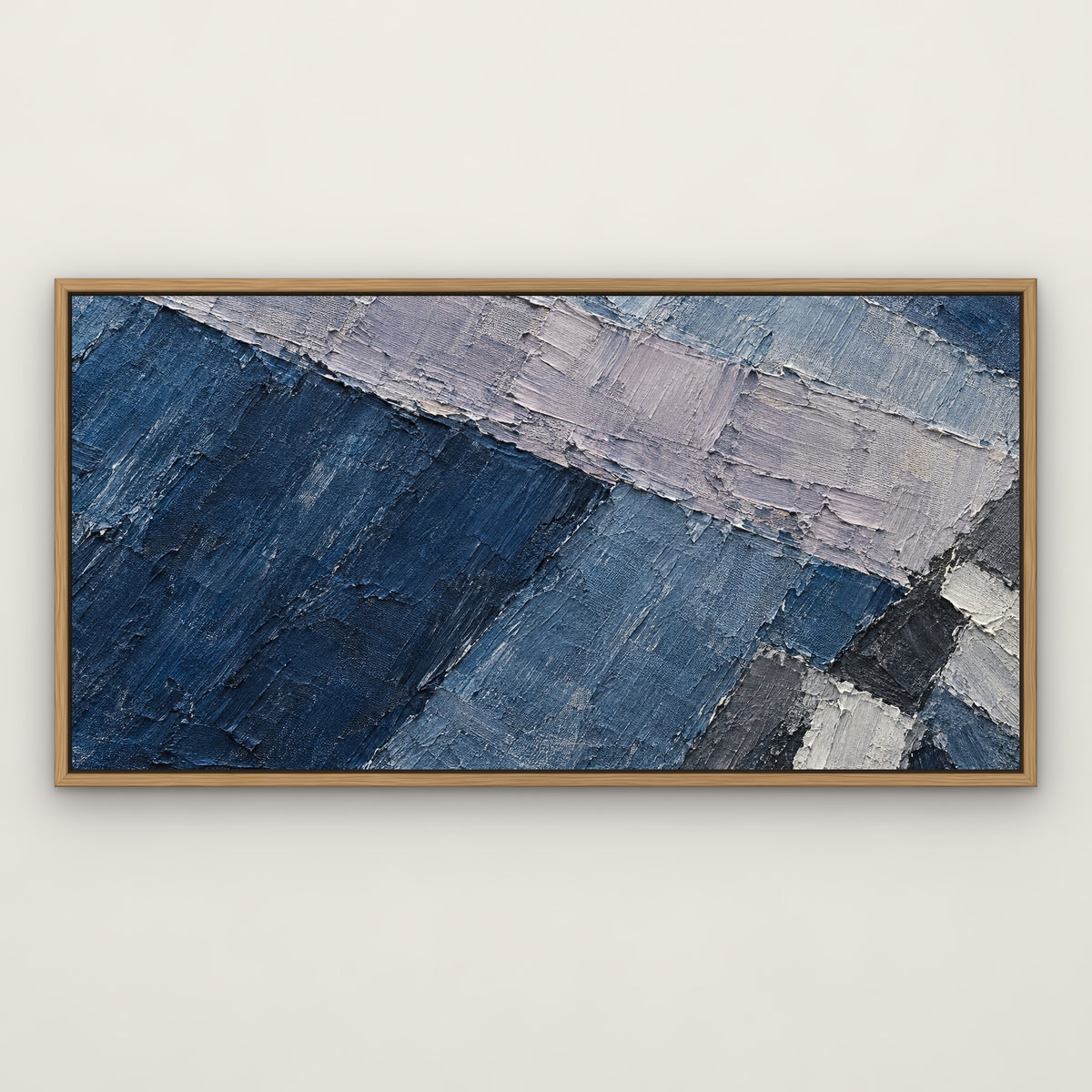 Denim Patchwork, blue abstract hand-painted canvas wall art in a slim oak float frame – Gallery 23