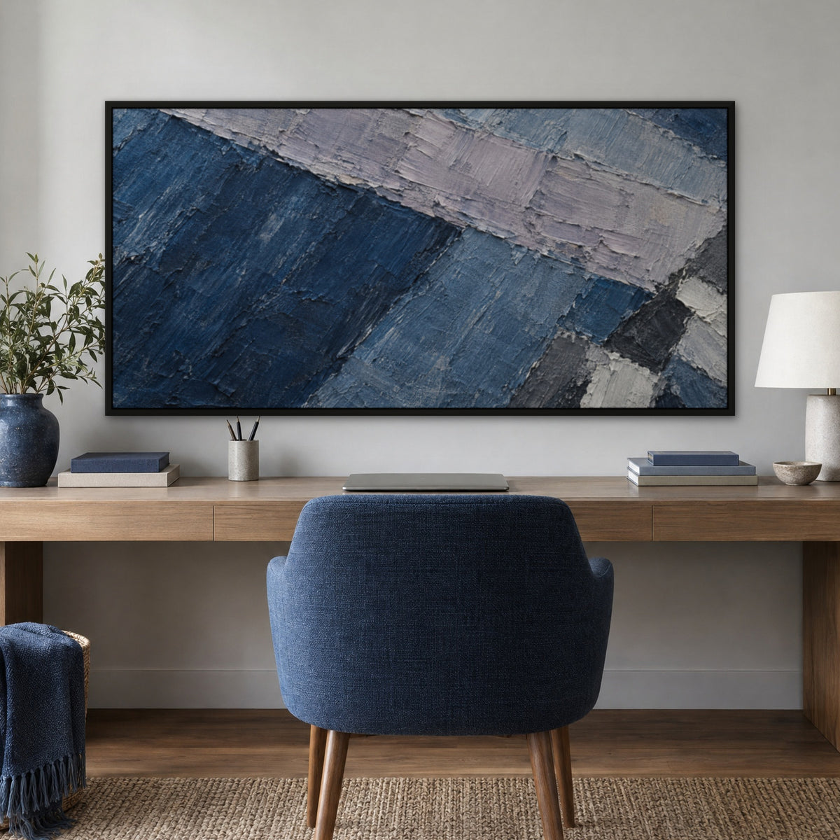 Denim Patchwork, blue abstract hand-painted canvas wall art in a home office – Gallery 23