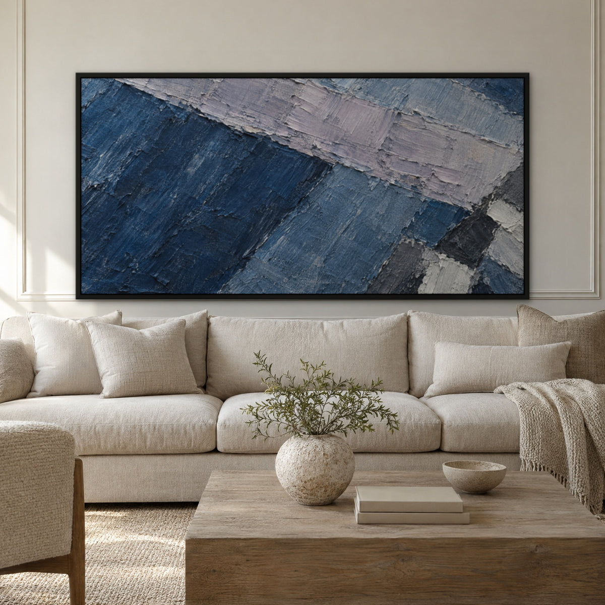 Denim Patchwork, blue abstract hand-painted canvas wall art in a living room – Gallery 23