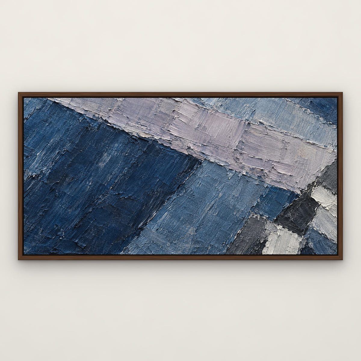 Denim Patchwork, blue abstract hand-painted canvas wall art in a slim walnut float frame – Gallery 23