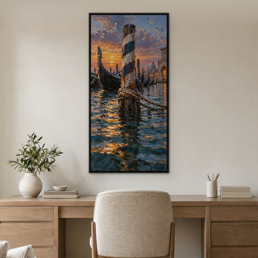 Venetian Mooring, blue cityscape hand-painted canvas wall art in a home office – Gallery 23