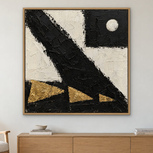 Gold Shard Monochrome, black and white abstract hand-painted canvas wall art in a living room – Gallery 23