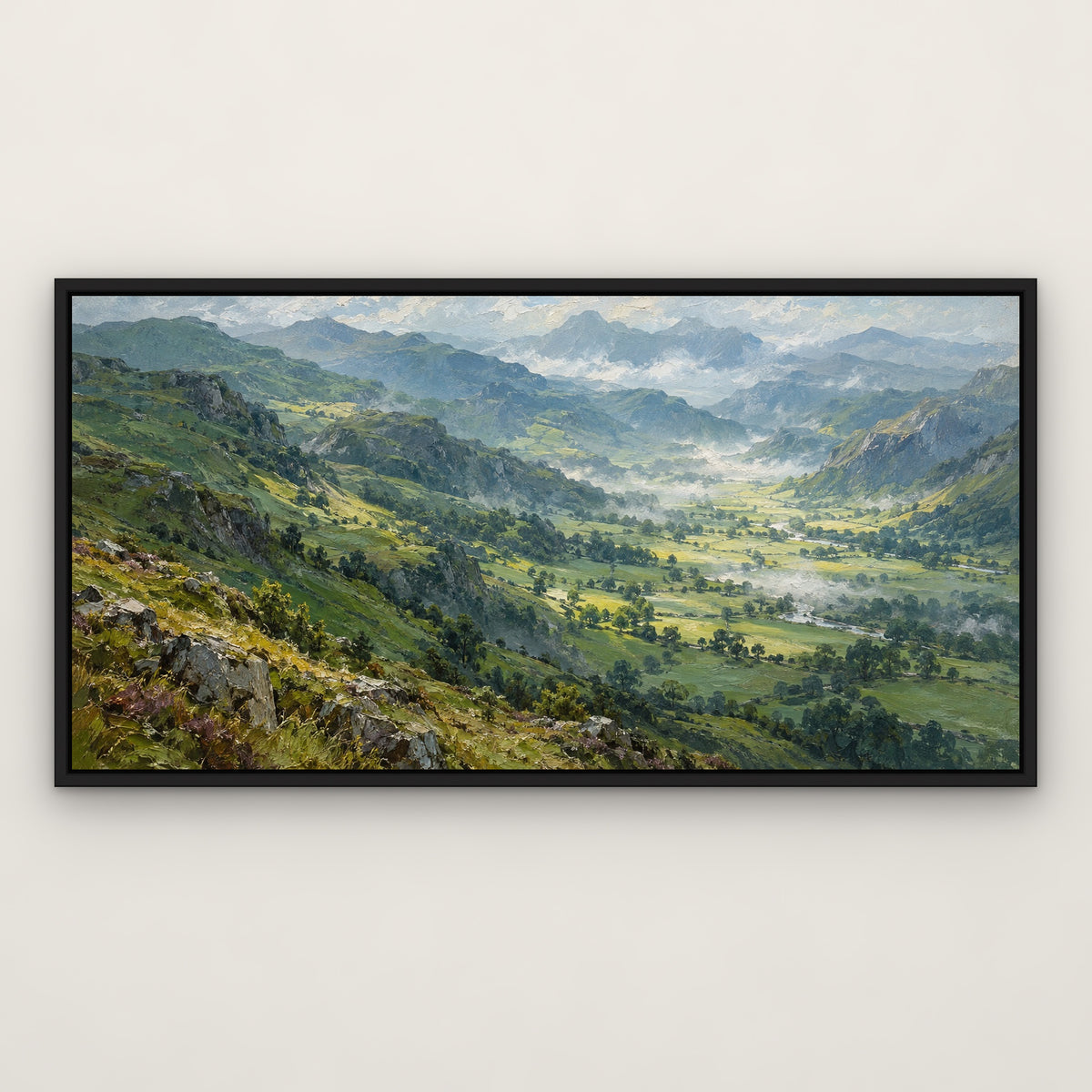 Emerald Valleys, green mountain landscape hand-painted canvas wall art in a slim black float frame – Gallery 23