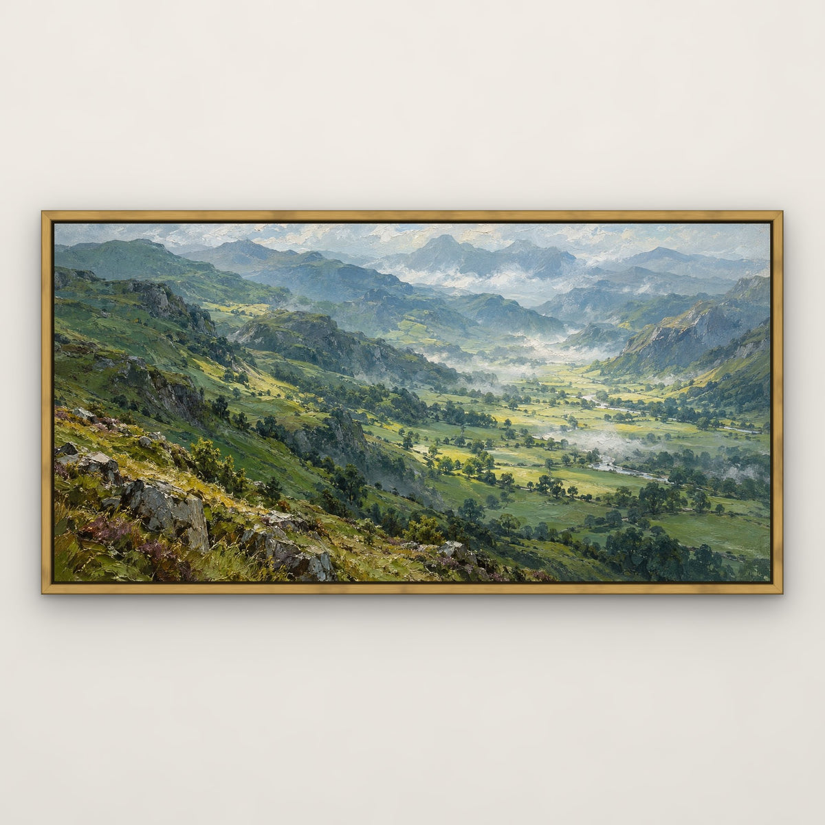 Emerald Valleys, green mountain landscape hand-painted canvas wall art in a slim antique gold float frame – Gallery 23