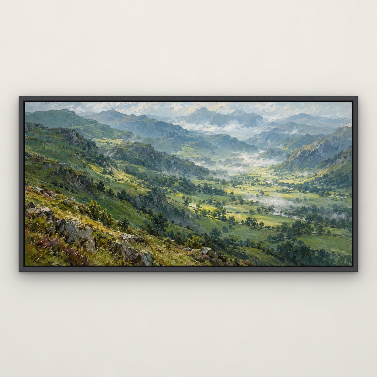 Emerald Valleys, green mountain landscape hand-painted canvas wall art in a slim dark grey float frame – Gallery 23