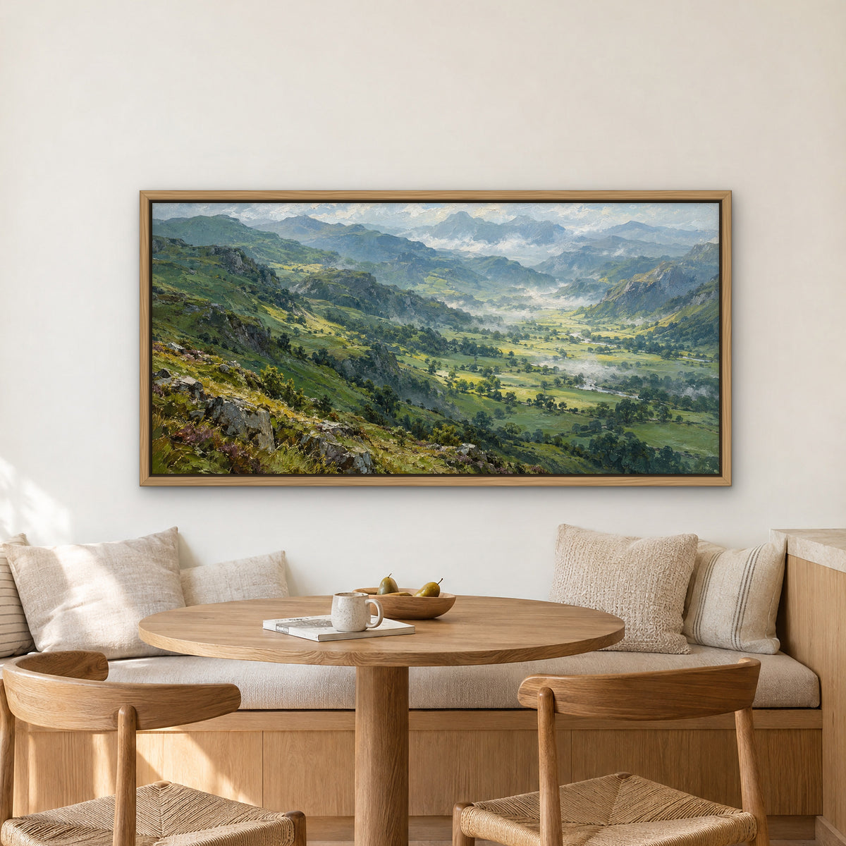 Emerald Valleys, green mountain landscape hand-painted canvas wall art in a kitchen nook – Gallery 23