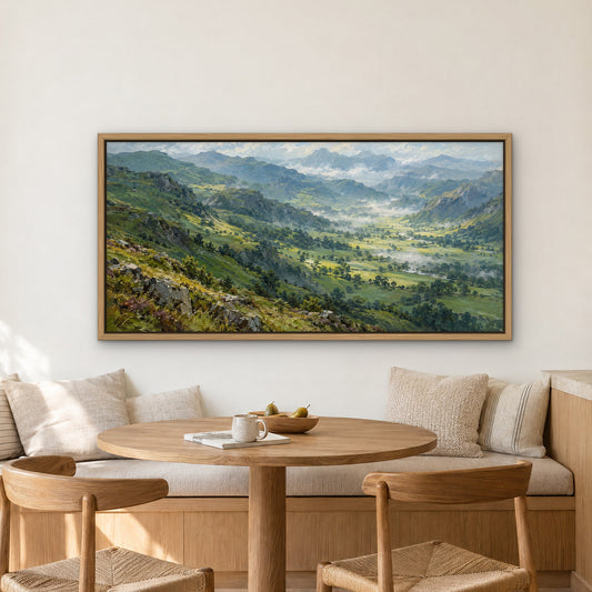 Emerald Valleys, green mountain landscape hand-painted canvas wall art in a kitchen nook – Gallery 23