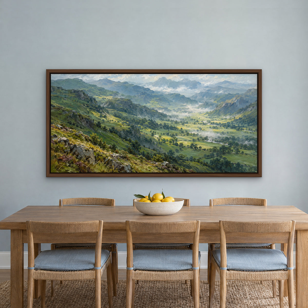 Emerald Valleys, green mountain landscape hand-painted canvas wall art in a dining room – Gallery 23