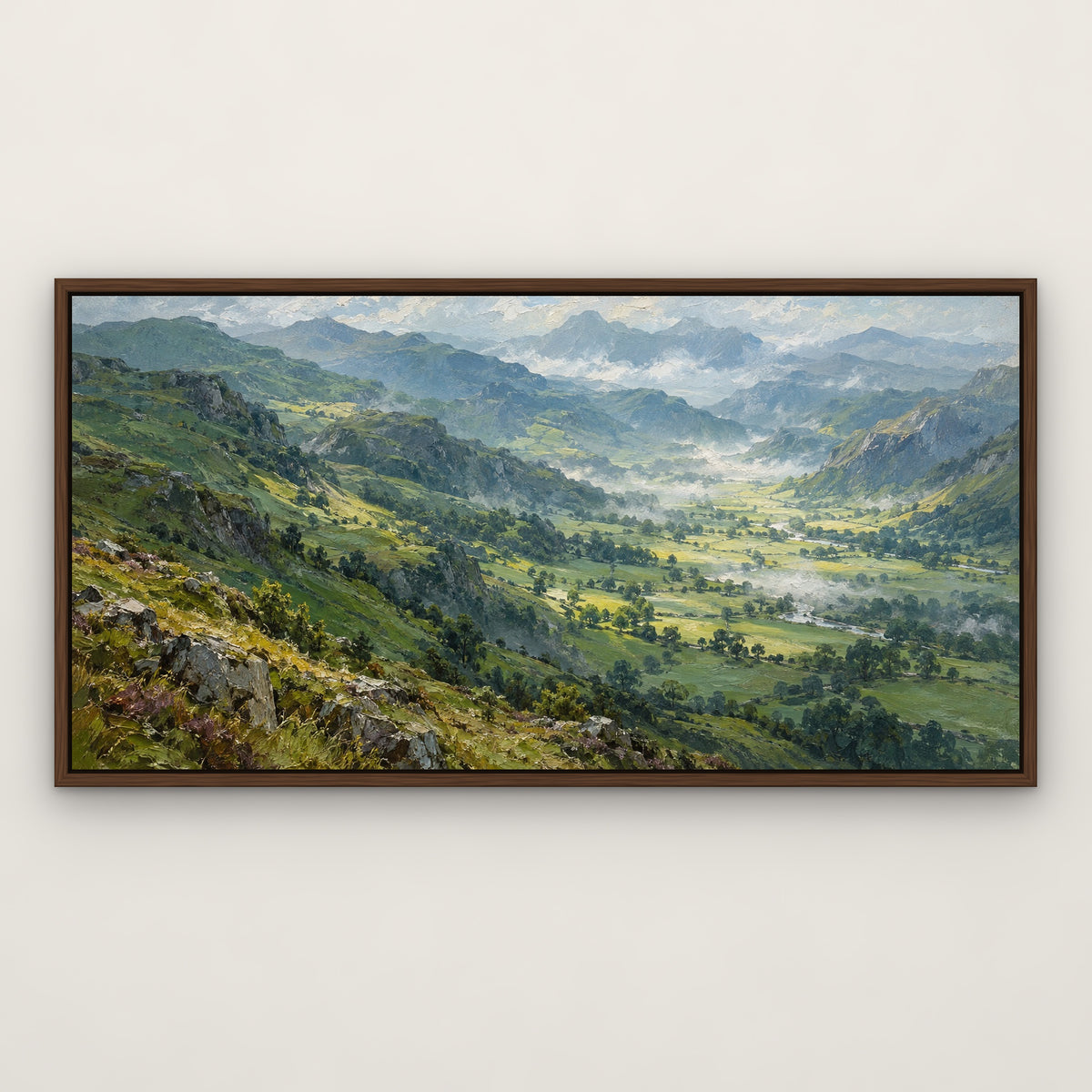 Emerald Valleys, green mountain landscape hand-painted canvas wall art in a slim walnut float frame – Gallery 23