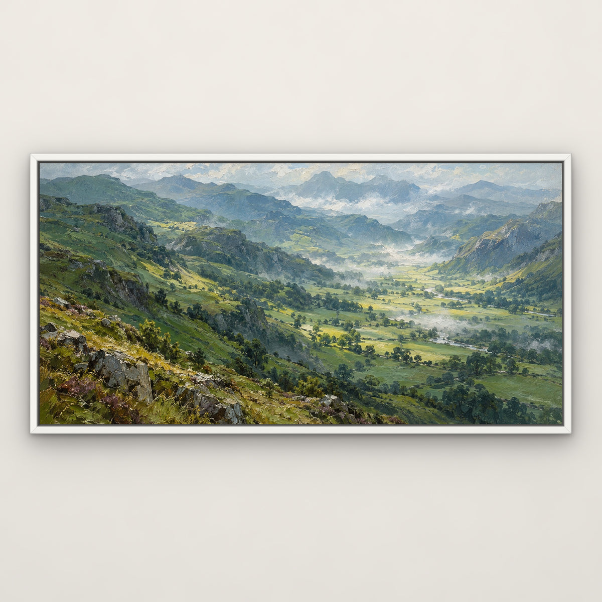 Emerald Valleys, green mountain landscape hand-painted canvas wall art in a slim white float frame – Gallery 23